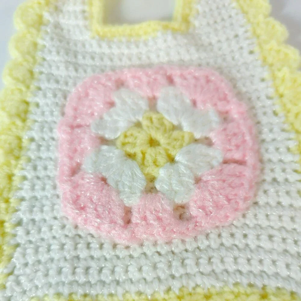 Vintage Handmade Crochet Baby Doll Bib Pastel Yellow White Tie Closure